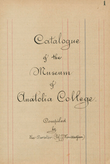 The first page of the Catalogue of The Museum of Anatolia College